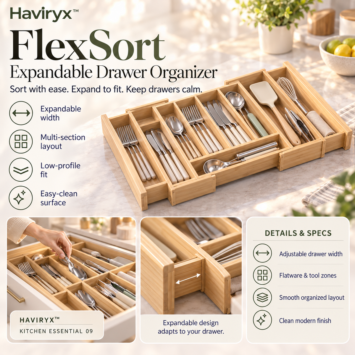 Vioneru™ FlexSort Expandable Drawer Organizer